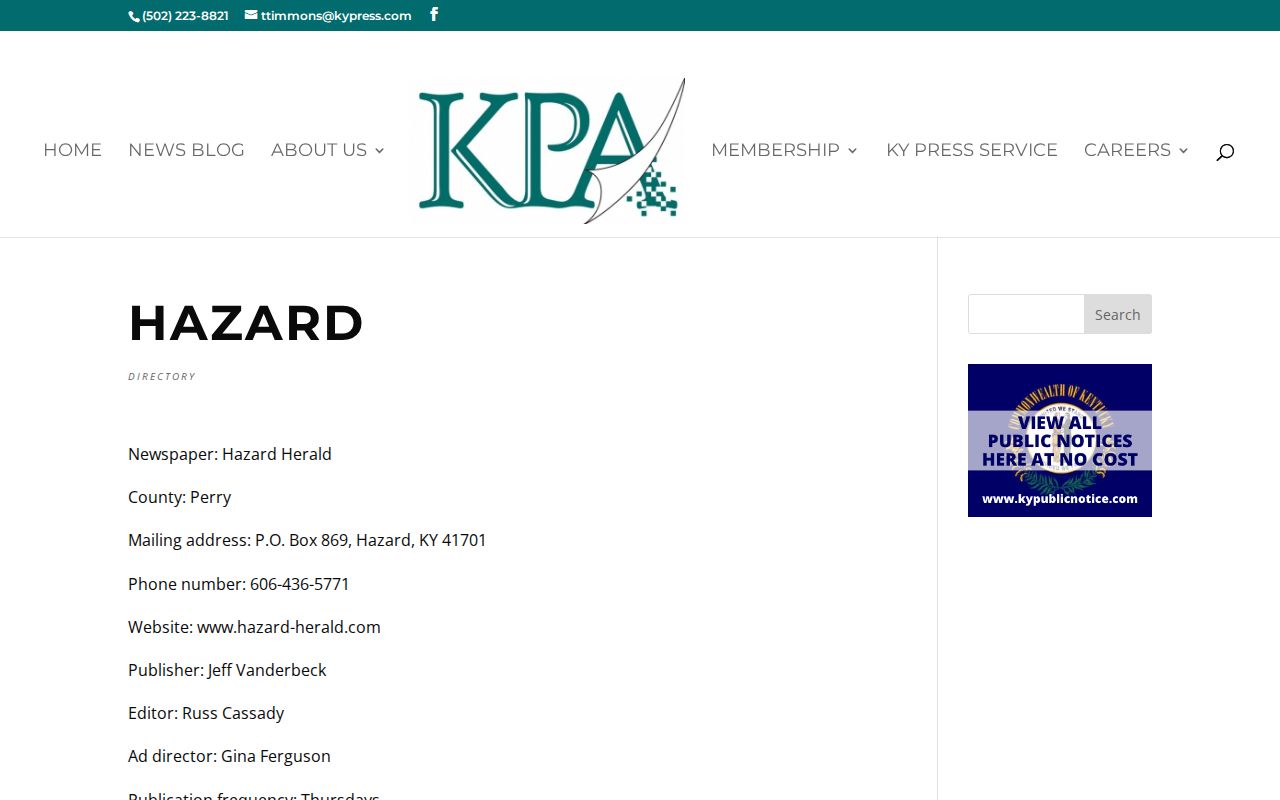 Kentucky Press Association listing for the Hazard Herald