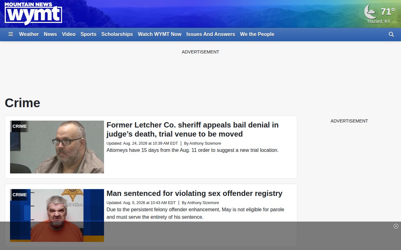 WYMT regional crime news section used for Perry County arrest reporting context