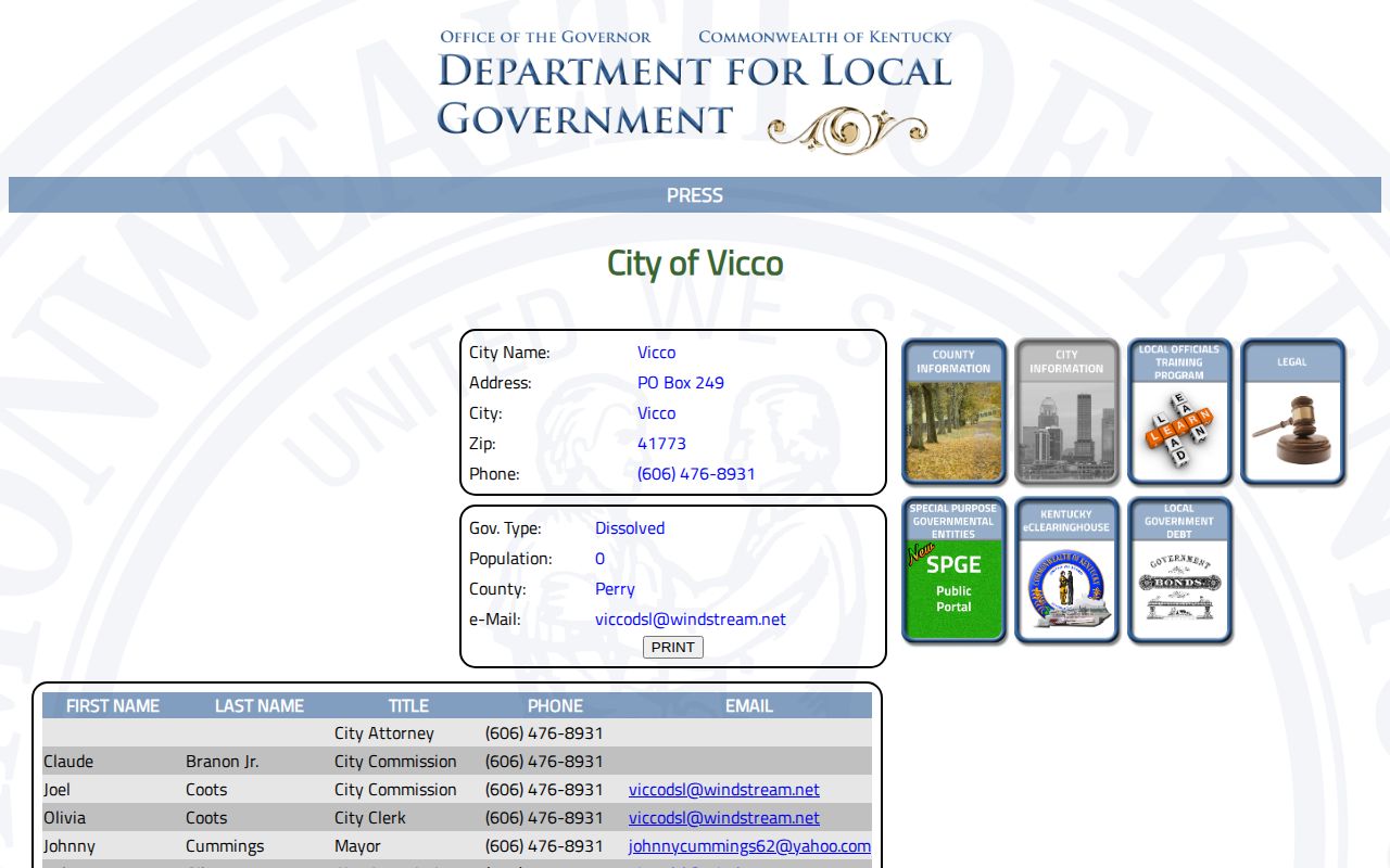 Kentucky Department for Local Government City of Vicco dissolved-status record